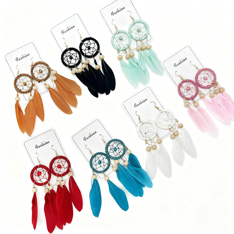 Bohemian Feather Niche Design Red Chinese Style Earrings