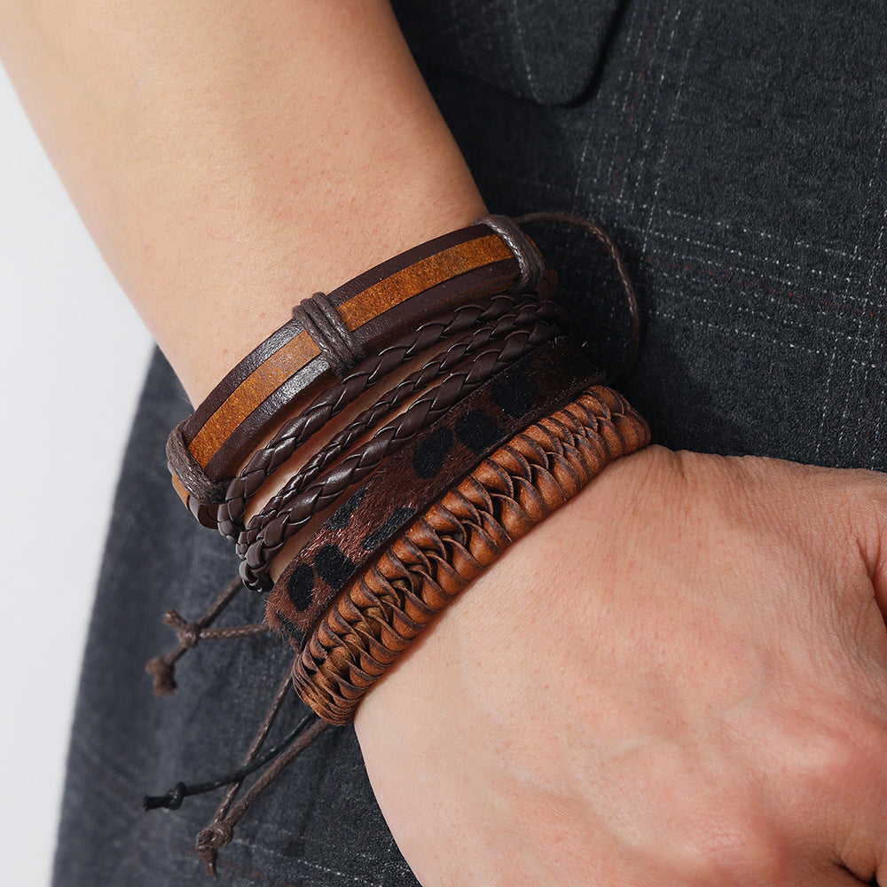 Women's & Men's & Ornament Simple Handmade Weave Vintage Cattle Leather Set Bracelets