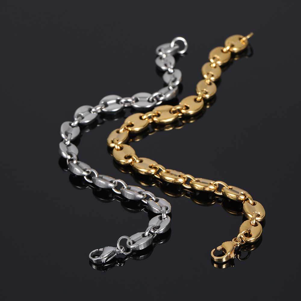 Men's Coffee Bean Hip Hop Gold Titanium Steel Lobster Buckle Stainless Jewelry Set