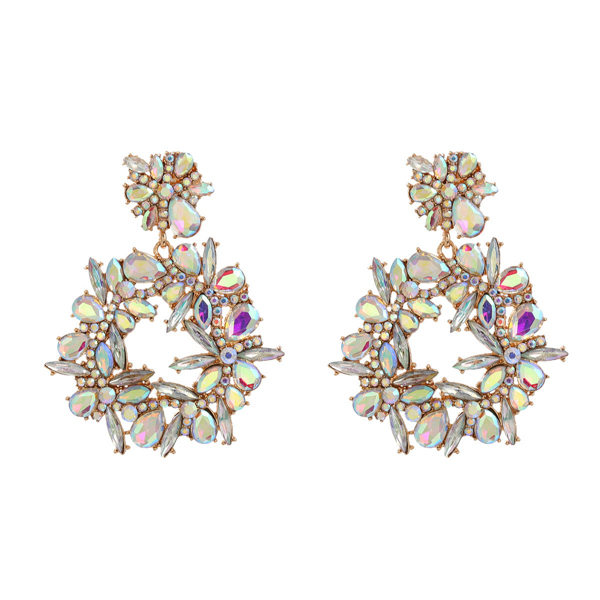 Colored Diamond Exaggerated Alloy Round Flower Earrings