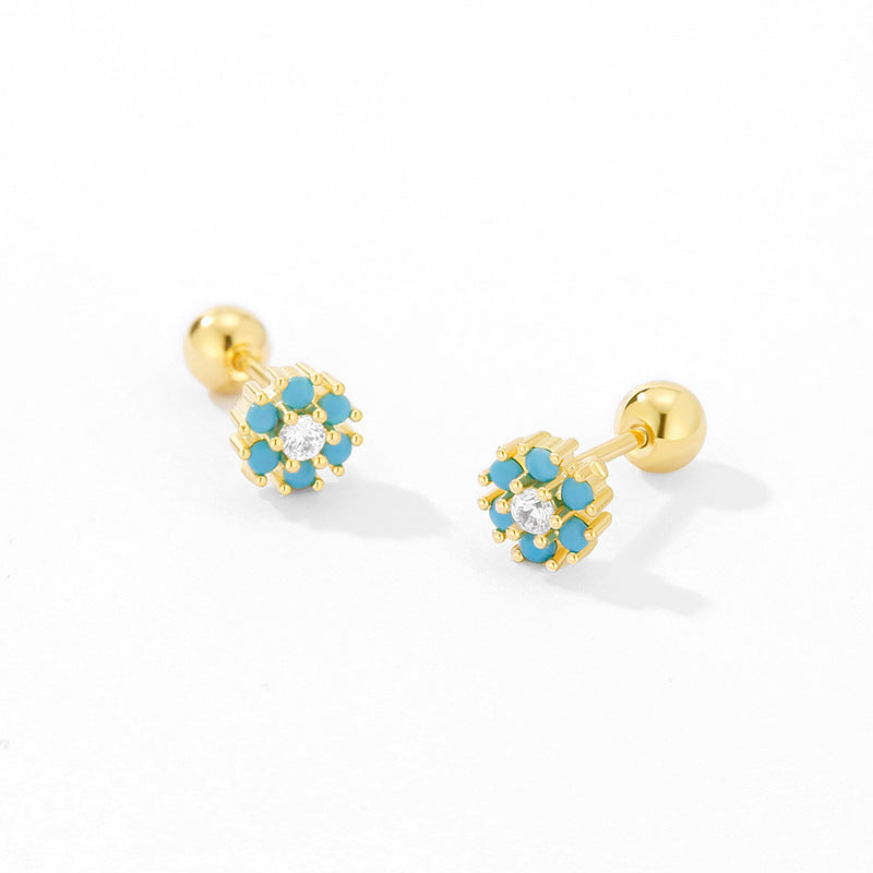Women's Ear Inlaid Color Zircon Flower Screw Exquisite Small Rings