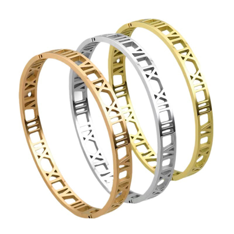 Simple Korean Style Roman Digital Furnace Gold Hollow Bracelet