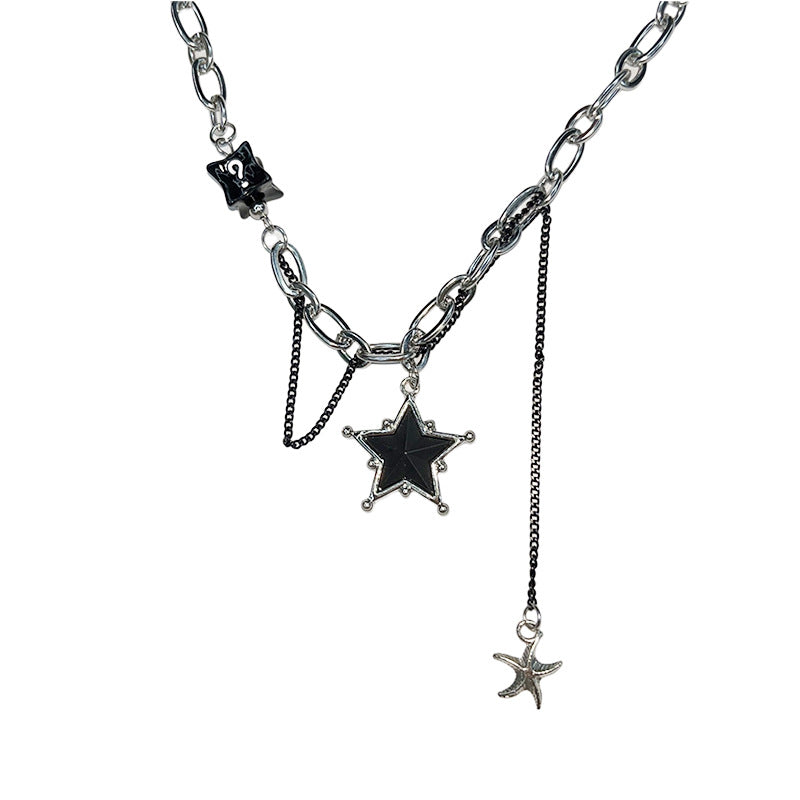 Women's & Men's Black Stitching Stars Clavicle Chain Hip Hop Design Necklaces