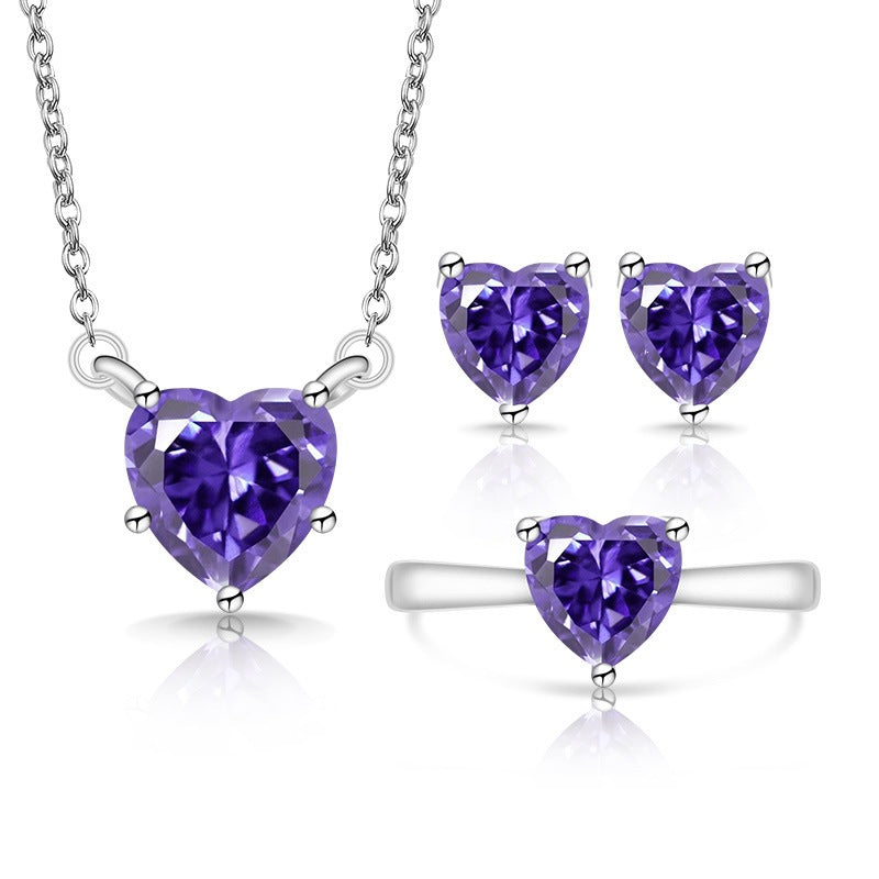 Fashion Trendy Heart-shaped Zircon Colored Gems Korean Style Love Crystal Jewelry Set