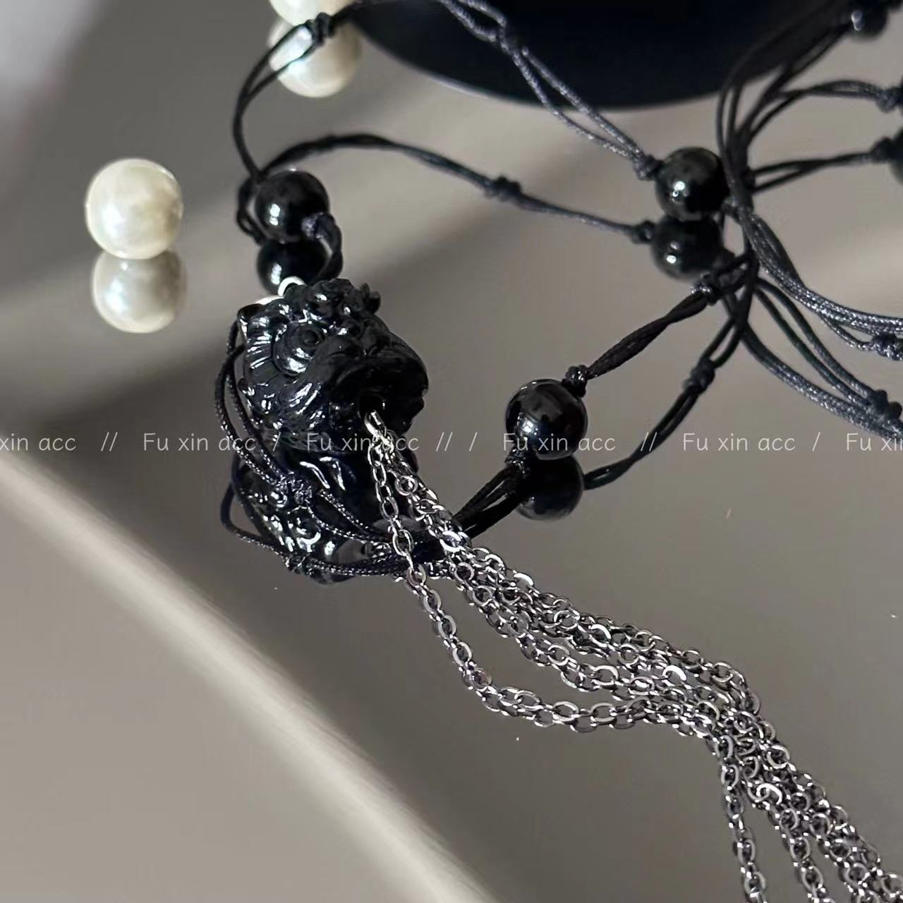 Chinese Retro Black Lion Agate Braid Rope Simple Antique Necklaces