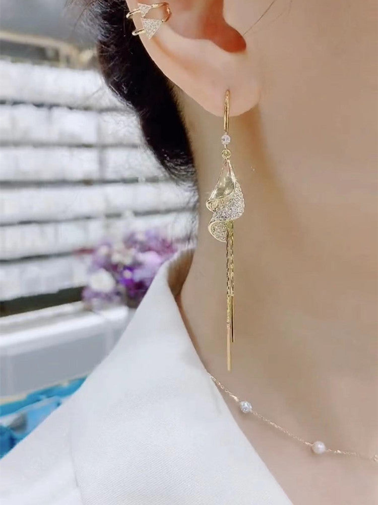 Women's Unique Design High-grade Full Diamond Spiral Trendy Long Tassel Temperament Earrings