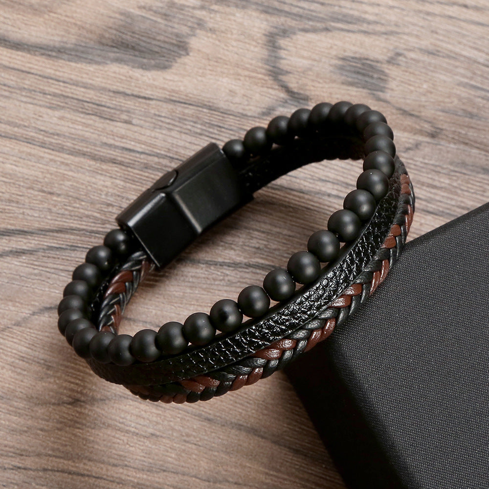 Men's Natural Stone Obsidian Magnetic Buckle Leather Bracelets