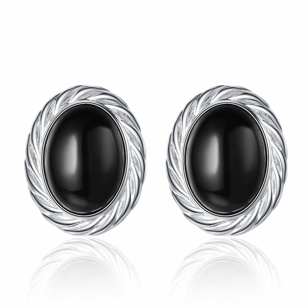 Retro Natural Black Agate Oval Twist Special Interest Earrings