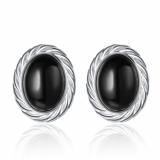 Retro Natural Black Agate Oval Twist Special Interest Earrings