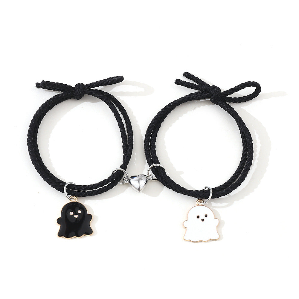 Women's & Men's & Cute Cartoon Love Magnet Suction Couple Pair Of Black Bracelets