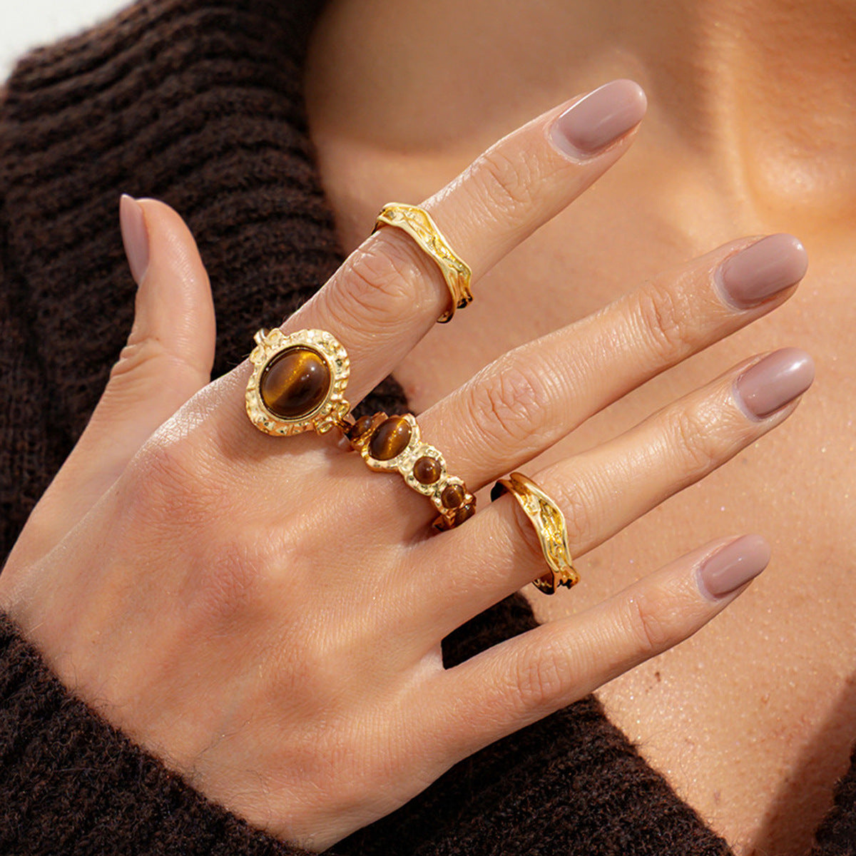 Retro Style Gemstone Tigereye Fashion Metal Ring