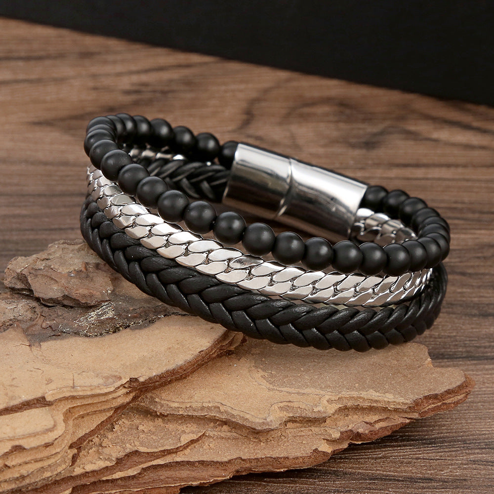 Bracelets tissés à la main en perles d'obsidienne uniques en acier pour hommes