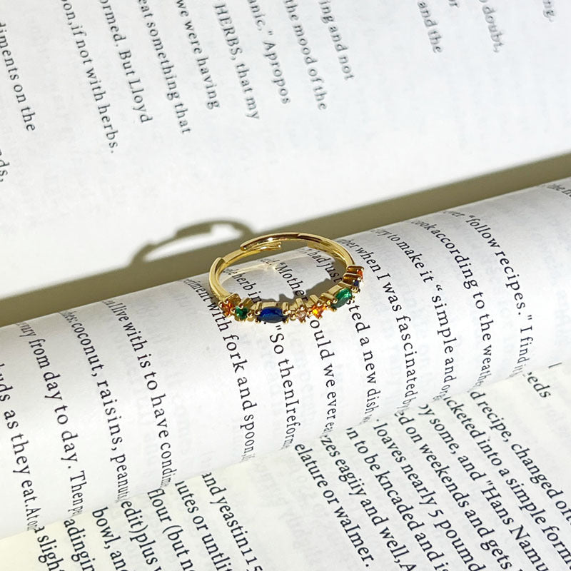 Romantic Gentle Colorful Crystals Twin Open Female Retro Temperamental Minority Ring