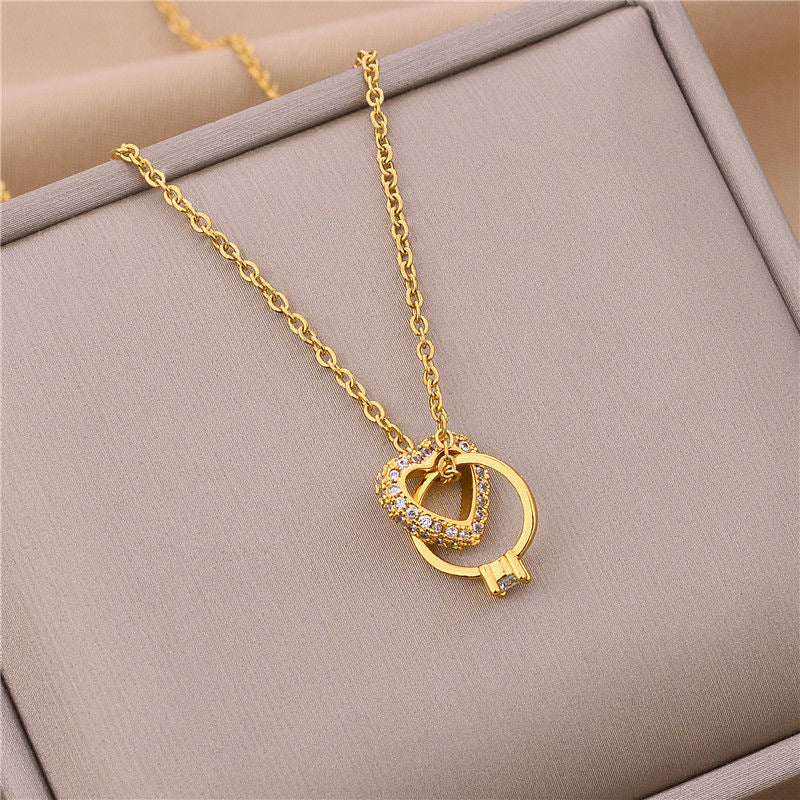 Women's Diamond Love Heart Double Gold Titanium Necklaces