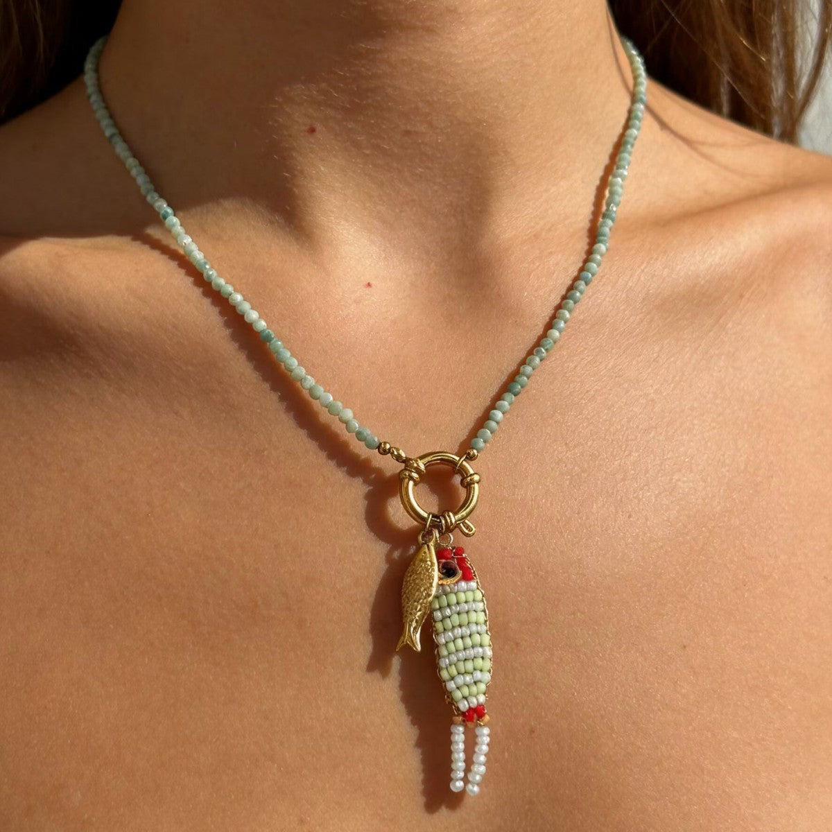 Women's Dopamine Beaded Fish Stainless Steel Natural Stone Bead Summer Necklaces