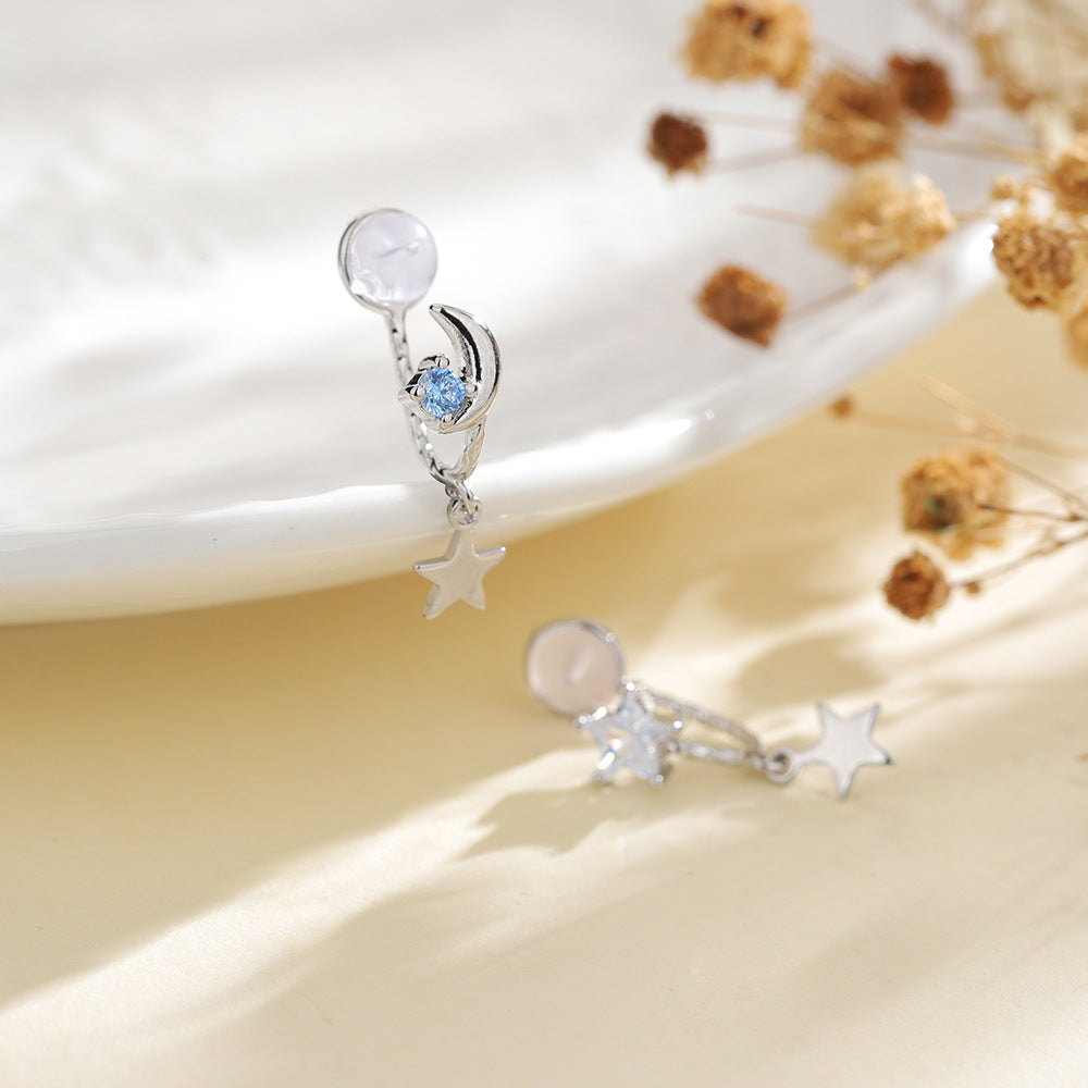 Women's Fresh Blue Dream Planet Asymmetric Zircon Star Moon Earrings