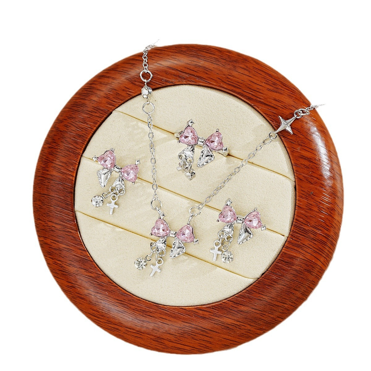 Fresh Sweet Inlaid Zircon Bow Cross Jewelry Set