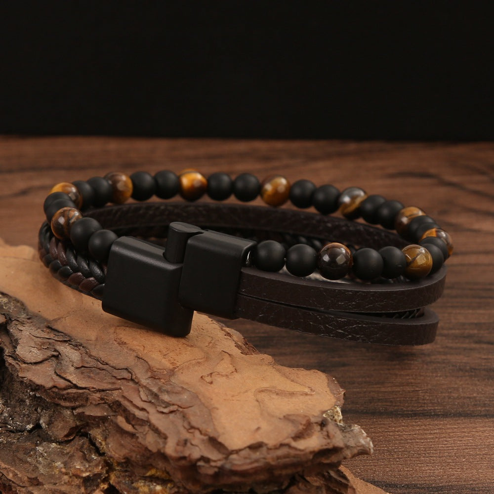 Men's Natural Stone Vintage Leather Hand-woven Alloy Bracelets