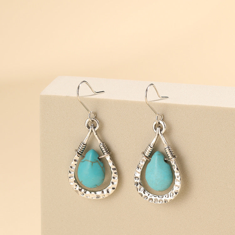 Simple Ethnic Style Hollow Turquoise Water Drop Bohemian Vacation Versatile Earrings