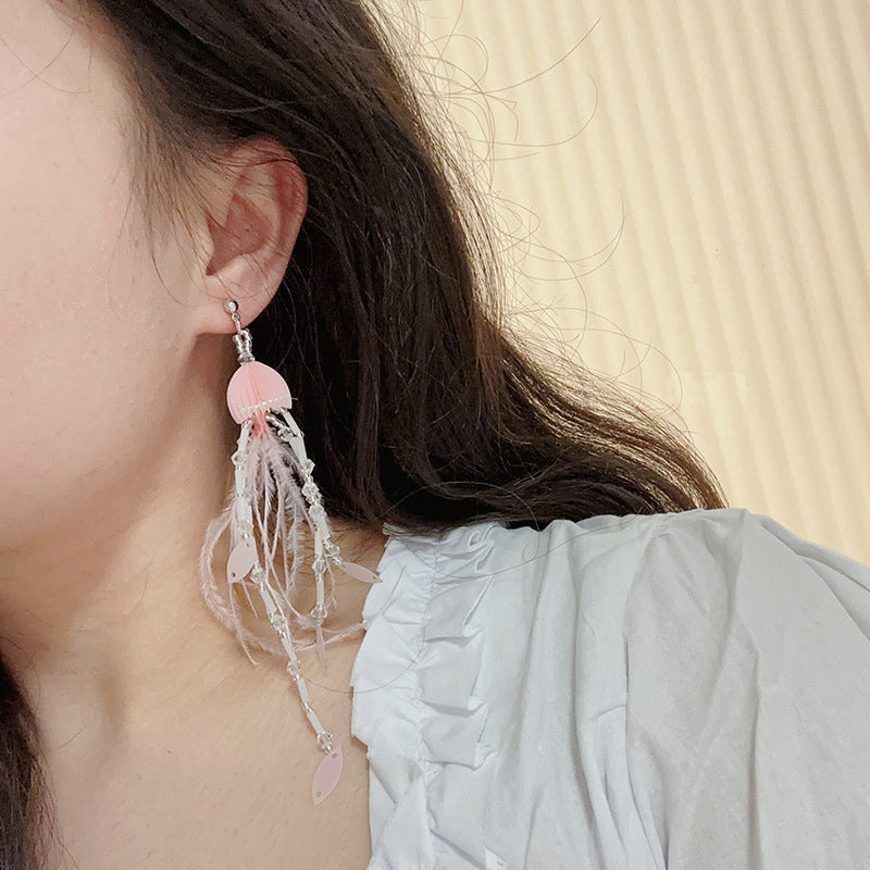 Fairy Jellyfish Feather Tassel Ear Changeable Fashion Atmosphere Stud Earrings