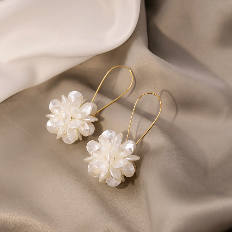 Long Floral Ball Premium White Petal Earrings