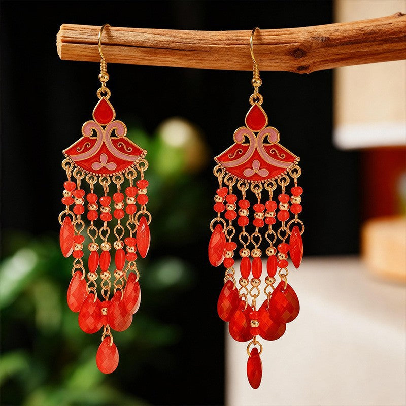 Ethnic Style Tassel Long Bohemian Crystal Yunnan Summer Earrings