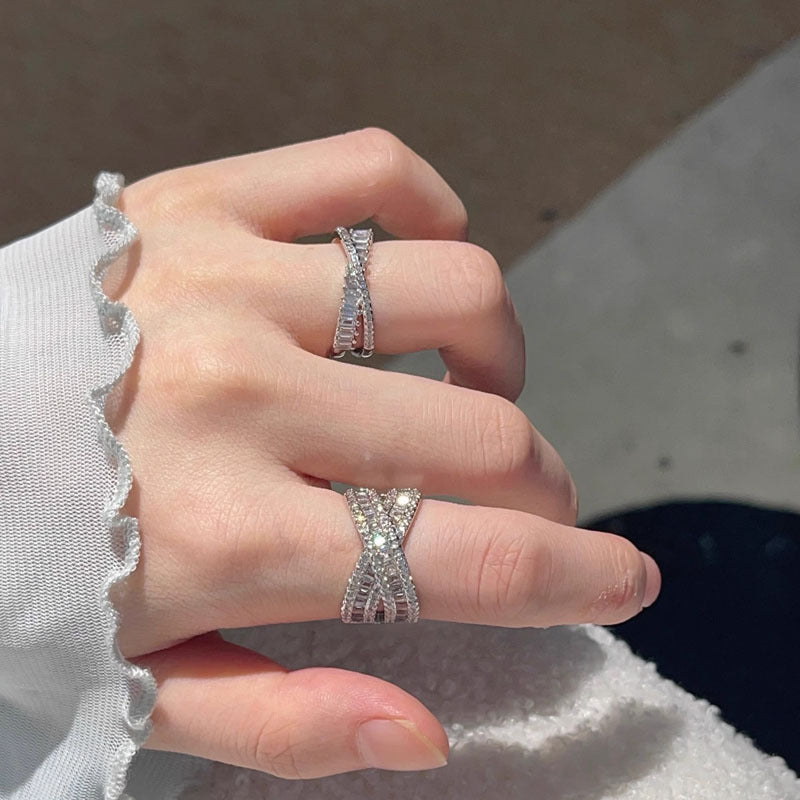 Light Luxury Full Diamond Open Female Cold Wind Geometric Cross Ring