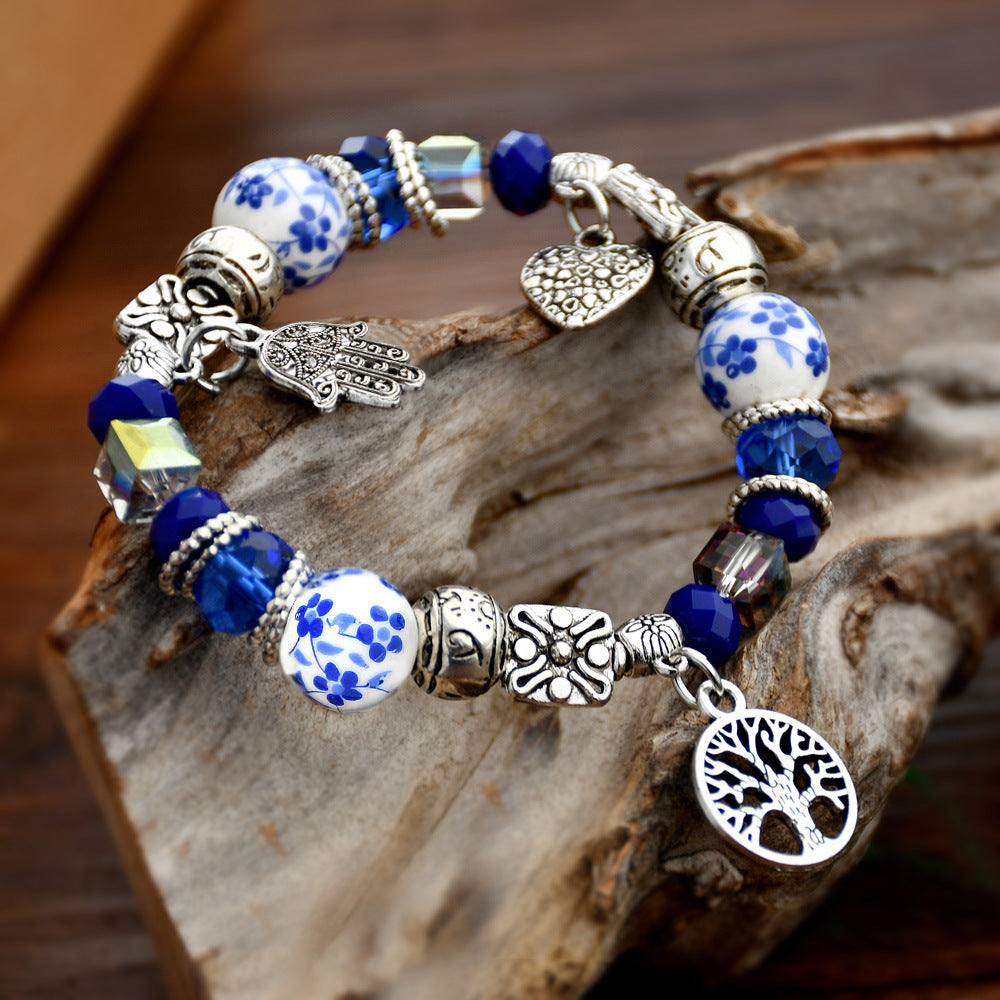 Women's Chinese Style Blue And White Porcelain Crystal Bracelets