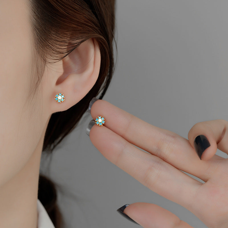 Women's Ear Inlaid Color Zircon Flower Screw Exquisite Small Rings