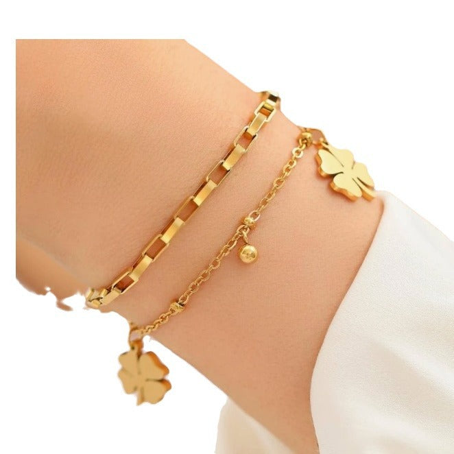 Women's Clover Affordable Luxury Fashion Geometric Twin Chain Bracelet