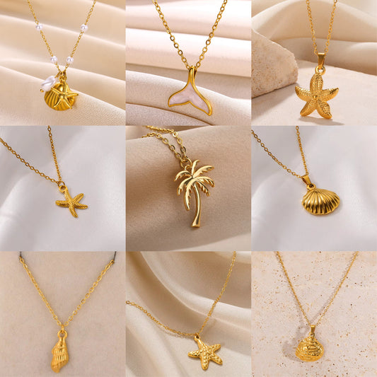 Small Conch Stainless Steel Shell Starfish Ocean Vacation Necklace