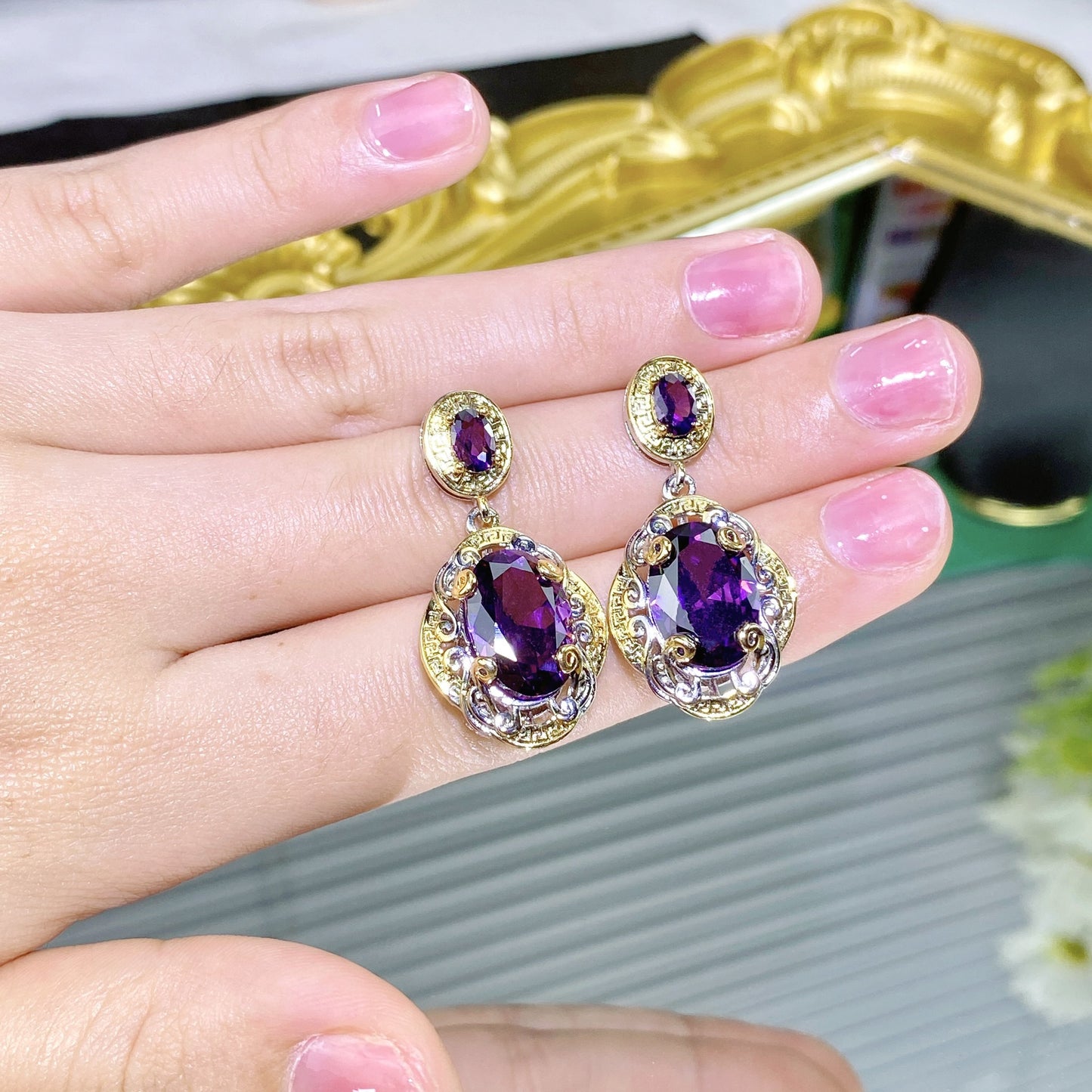 Italian Retro Craft Purple Diamond Gold Amethyst Rings