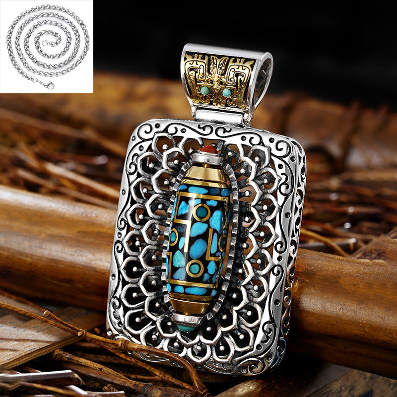 Women's & Men's & Dynasty Natural Turquoise Rotating Tibet Beads Sterling Sier Pendant Necklaces