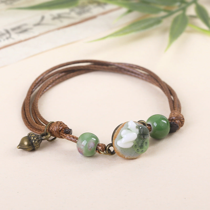 Women's Ceramic Flower Woven Ethnic Artistic Carrying Bracelet