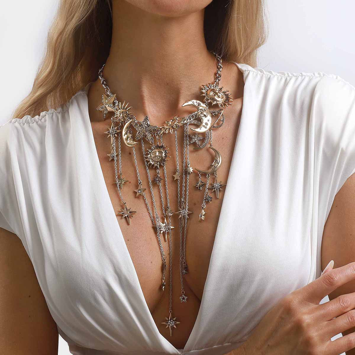 Exaggerated Tassel Sun Moon Star Personality Affordable Luxury Long Clavicle Necklaces