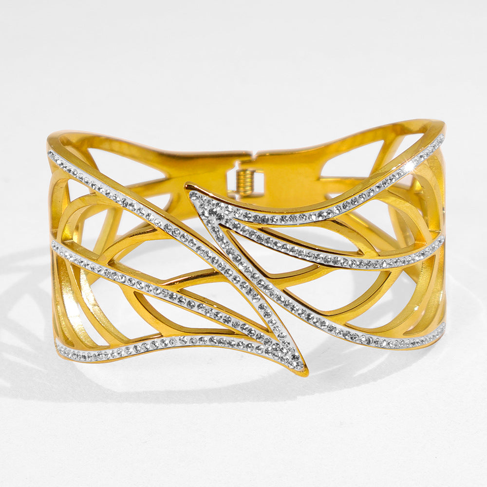 Women's Eye-catching Hollow Leaves Full Diamond Stainless Steel Open Personality Bracelets