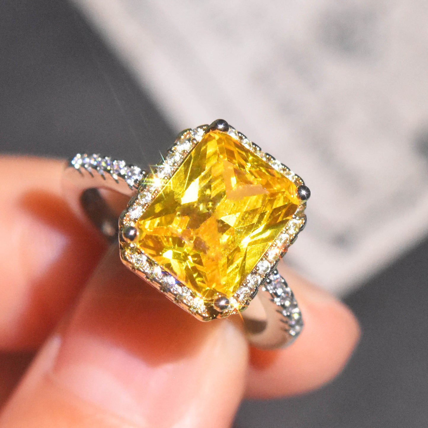 Bagues carrées princesse classiques bicolores en diamant jaune pour femmes