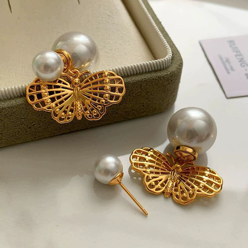 Women's Golden Butterfly Large Pearl Light Luxury Temperament High-grade Earrings