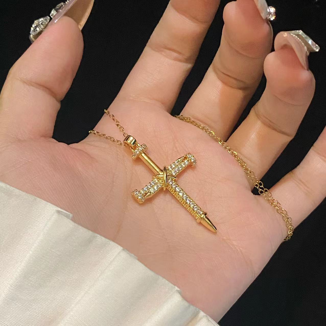 Nail Cross Diamond Inlaid Clavicle Chain Necklace