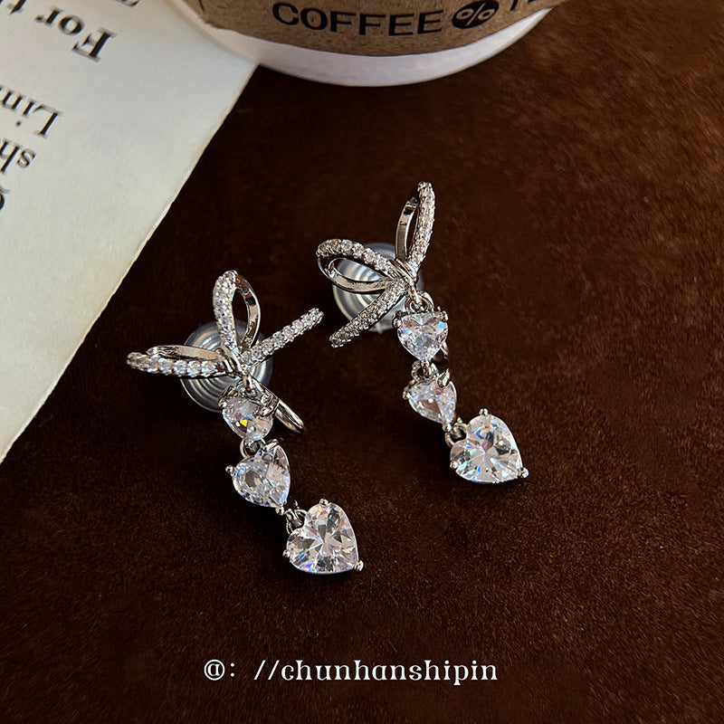 Women's Bow Loving Heart Zircon For Light Luxury Minority Design High-grade Earrings