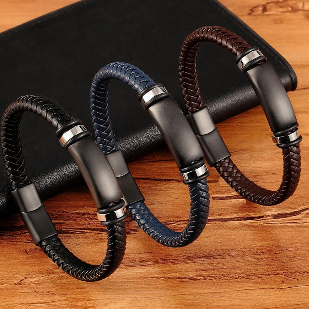 Men's Color Collection Stainless Steel Leather Woven Personality Bracelets