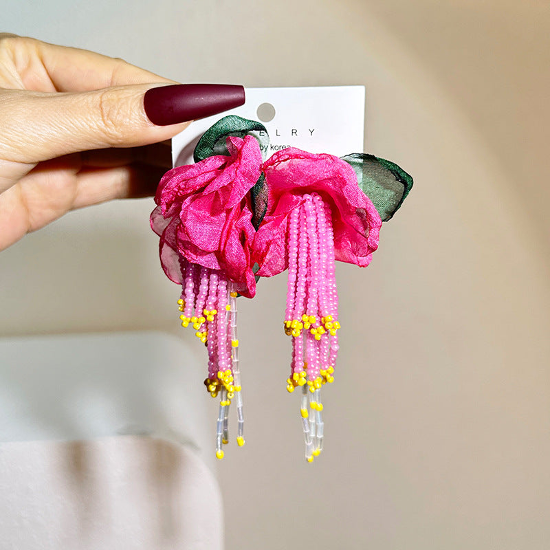Bohemian Handmade Fabric Flower Long Fringe Earrings