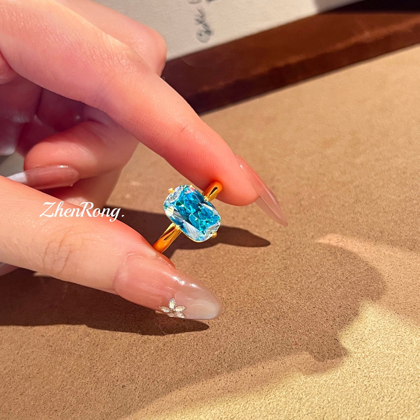 Women's Exquisite Style Pillow Square Rhinestone Diamond Design Aquamarine Ring