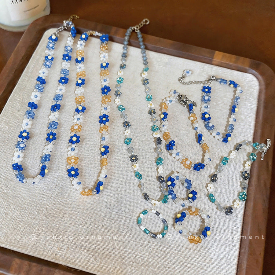 Stainless Steel Flower Beaded High-grade Light Luxury Clavicle Jewelry Set