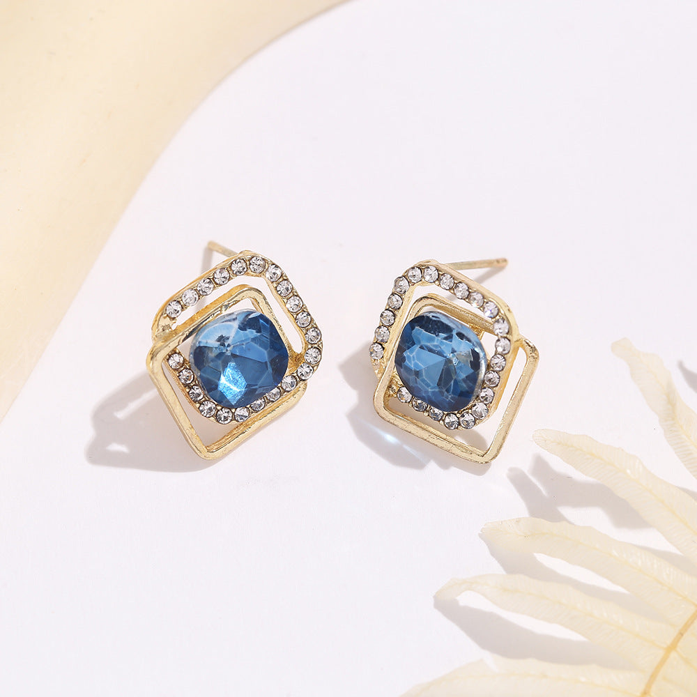 Women's Sier Needle Refined Zircon Blue Diamond Graceful Fashionable Stud Earrings