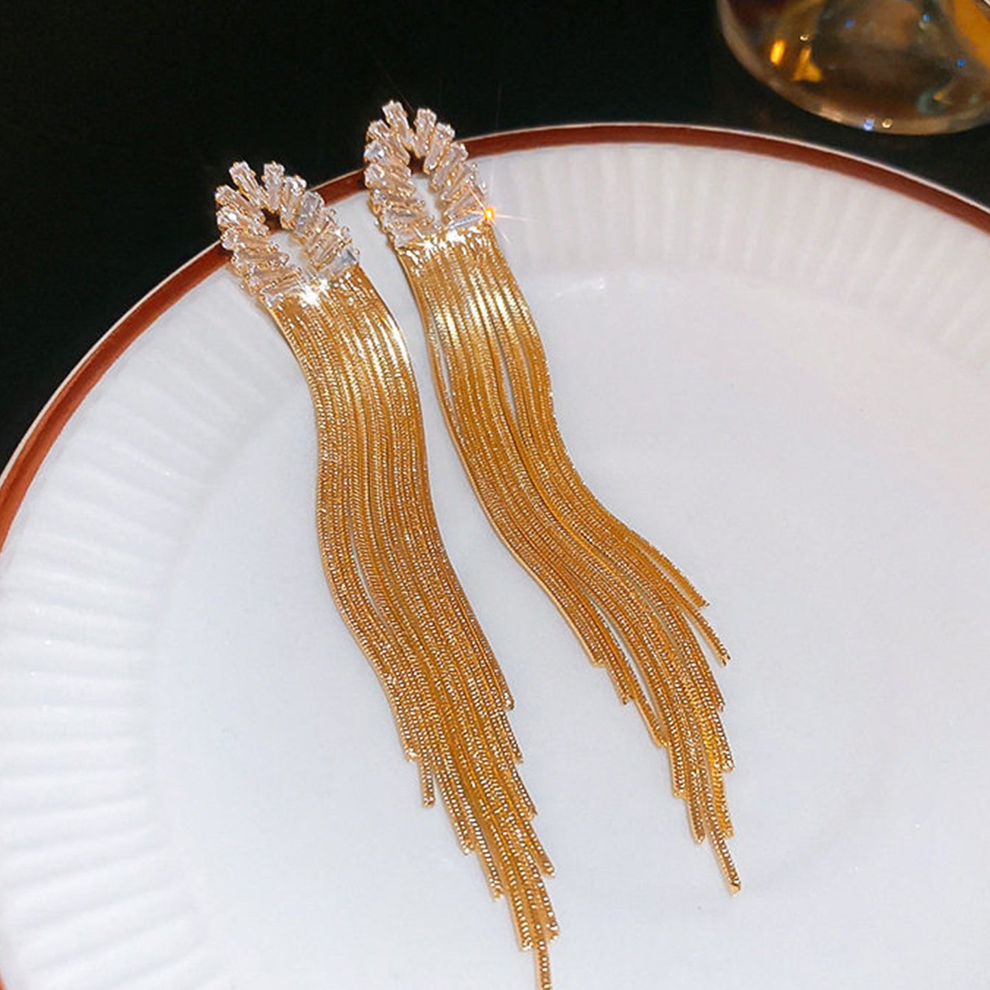 Luxury Temperament Fashion Long Zircon Tassel Personality Elegant High Sense Stud Earrings