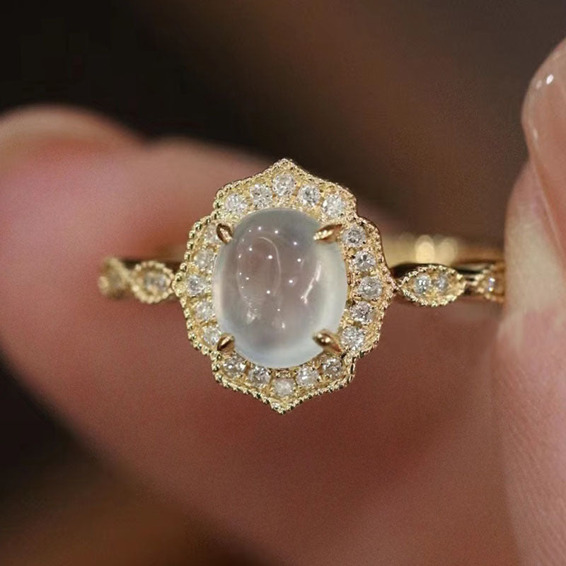 Advanced Romantic White Chalcedony Open Inlaid Egg Ring