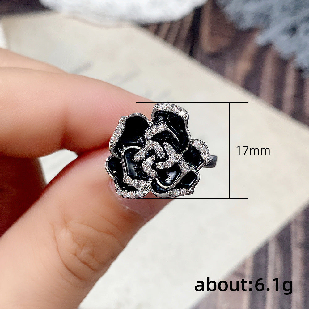 Bagues élégantes rétro en émail et Zircon pour femmes, uniques, fleur de Rose noire