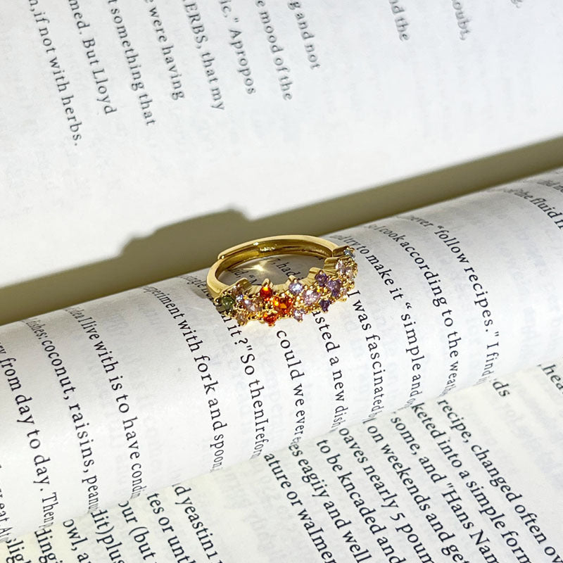 Romantic Gentle Colorful Crystals Twin Open Female Retro Temperamental Minority Ring