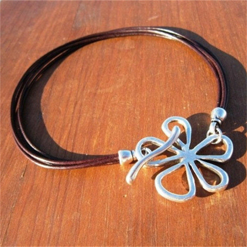 Hollow Flower Clavicle Chain Turquoise Leather Rope Y-shaped Necklace